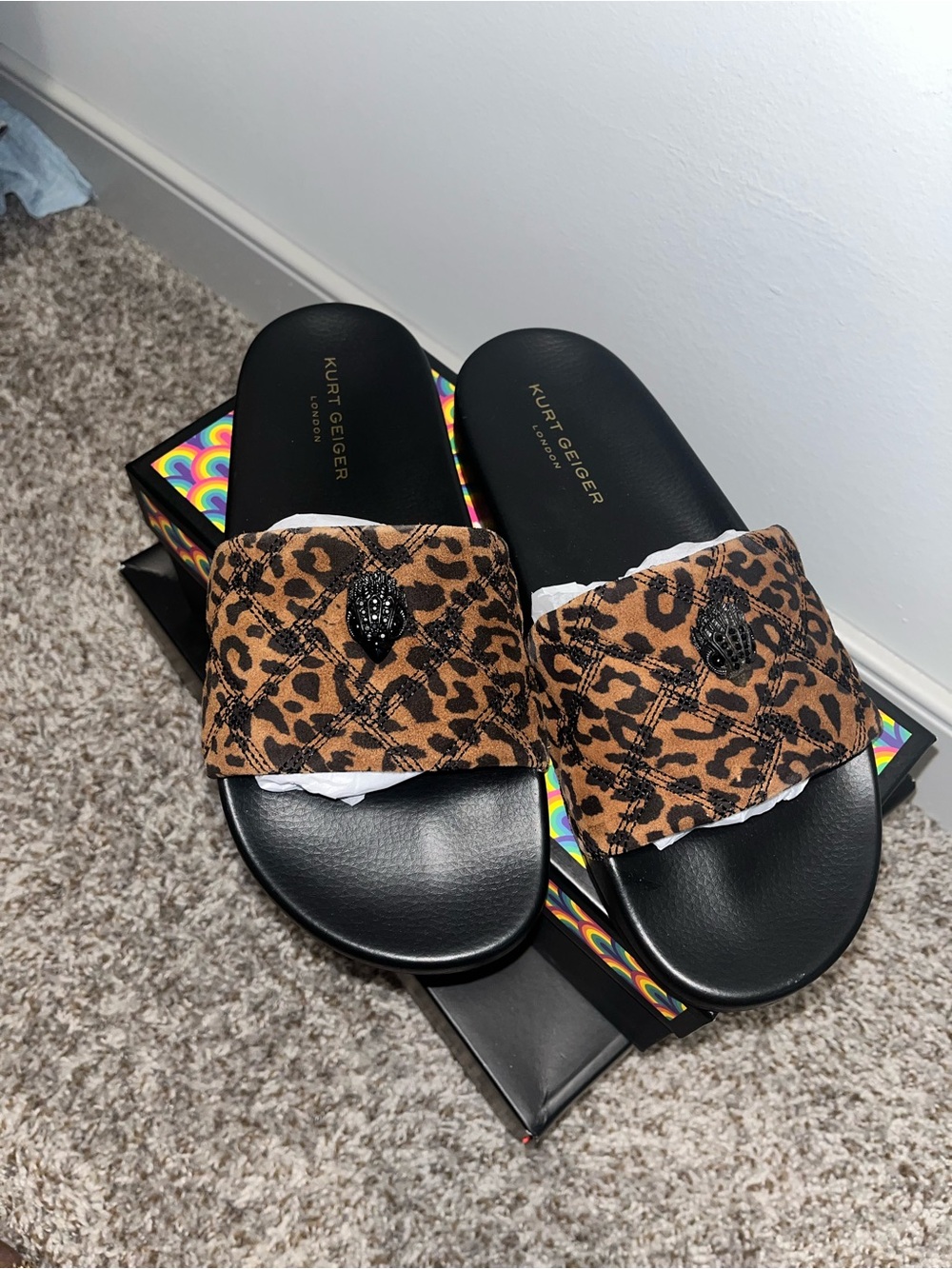 Kurt Geiger Leopard Print Slide Sandals - Black and Brown